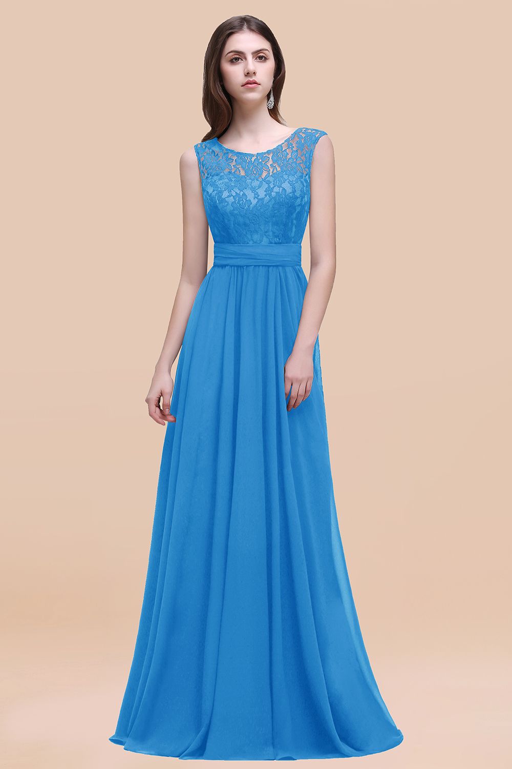 27prom Vintage Lace Scoop Sleeveless Dark Blue Bridesmaid Dress with V-Back-27prom