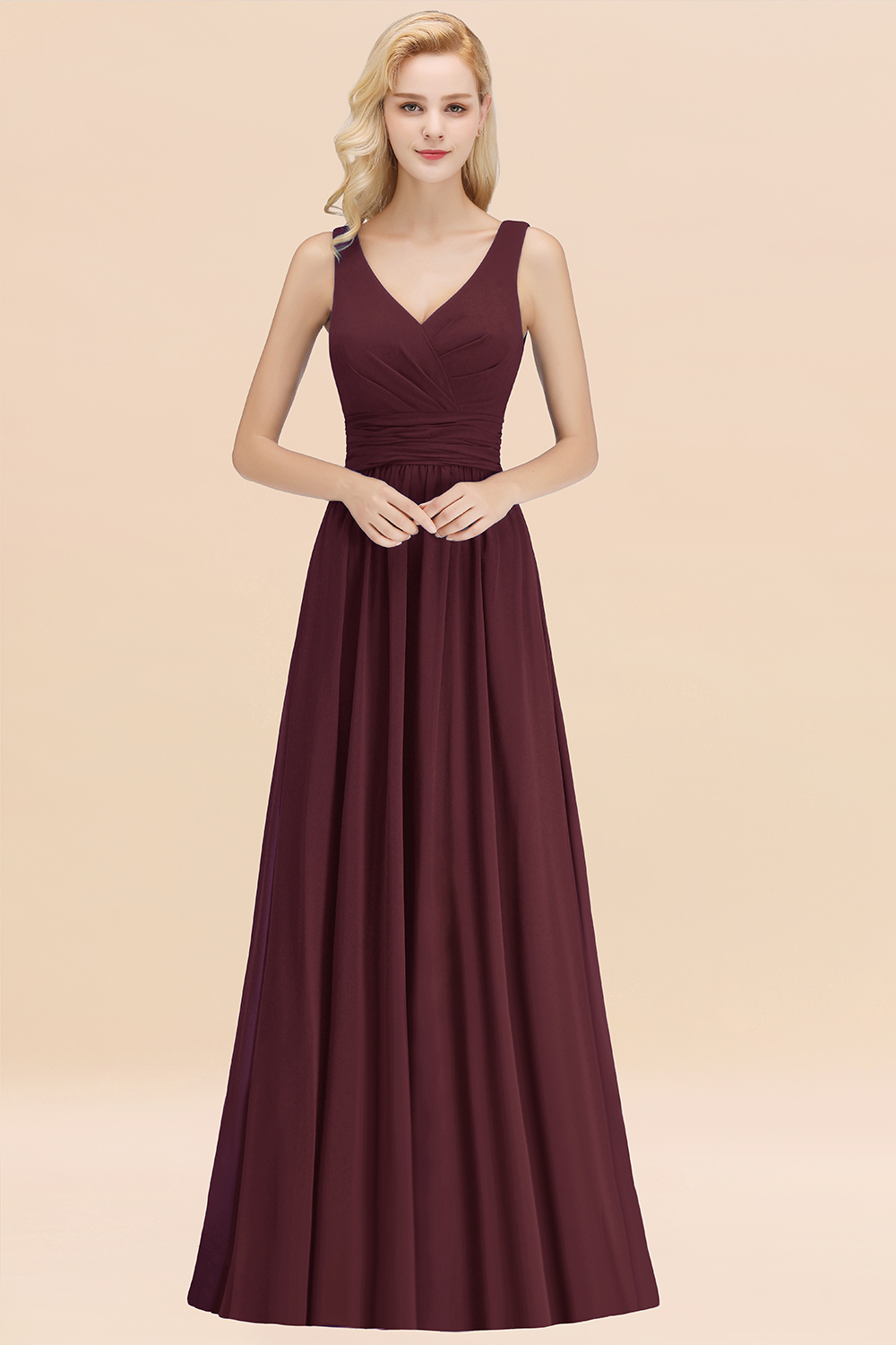 27prom Modest Sleeveless V-Neck Long Chiffon Bridesmaid Dress Online with Ruffle-27prom
