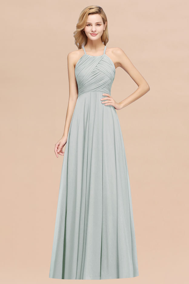 27prom Halter Crisscross Pleated Bridesmaid Dress Blue Chiffon Sleeveless Maid of Honor Dress-27prom