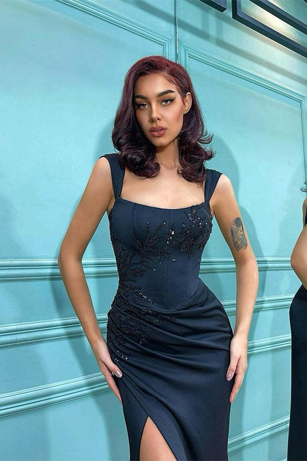 Black Shoulder Straps Front Split Mermaid Evening Dress with Beadings