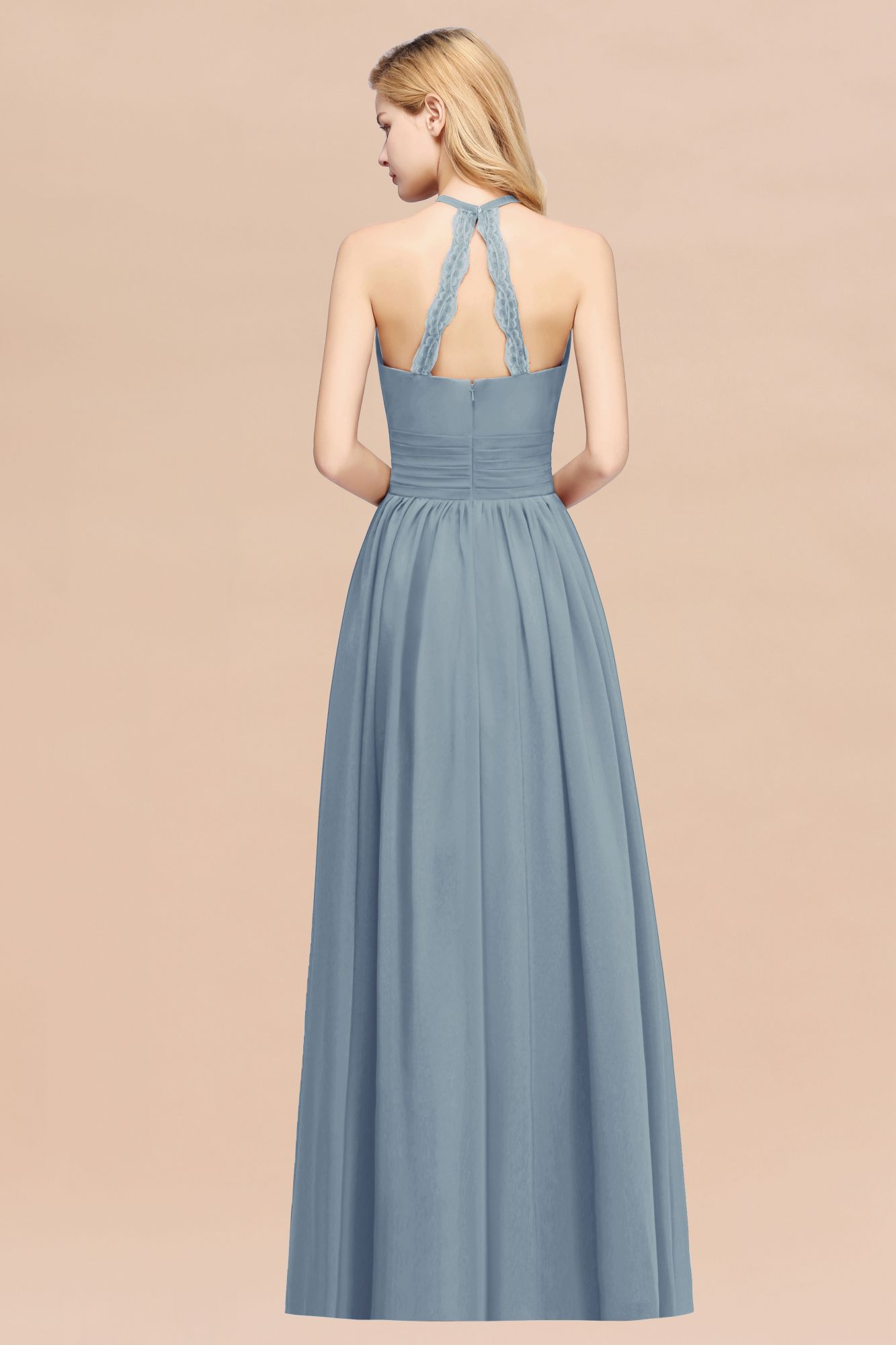27prom Elegant High-Neck Halter Long Affordable Bridesmaid Dresses with Ruffles-27prom