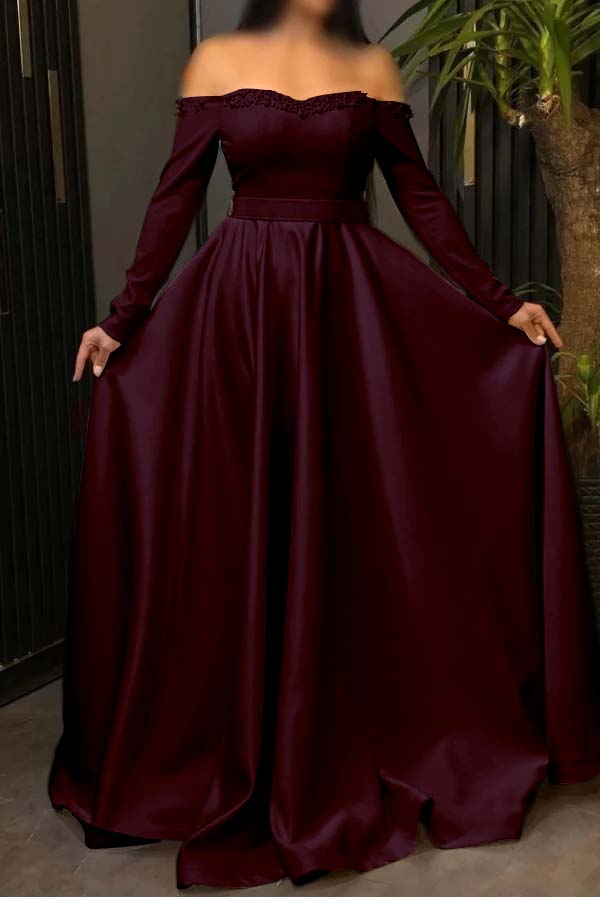 Off the Shoulder Long Sleeves Long Prom Dress With Pleated Beading