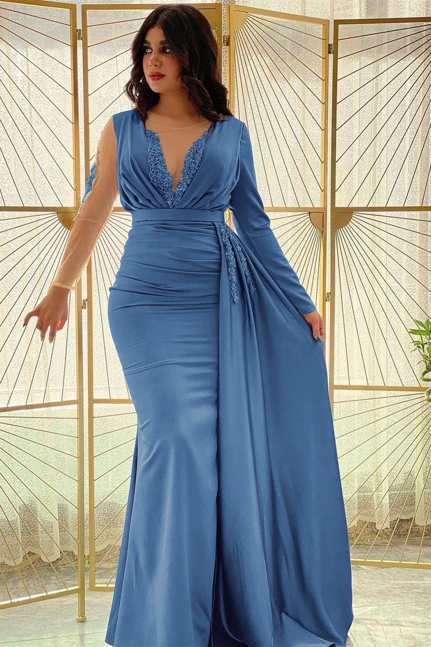 Mermaid Long Sleeves Beadings Pleated Prom Dress Side Split With Ruffles