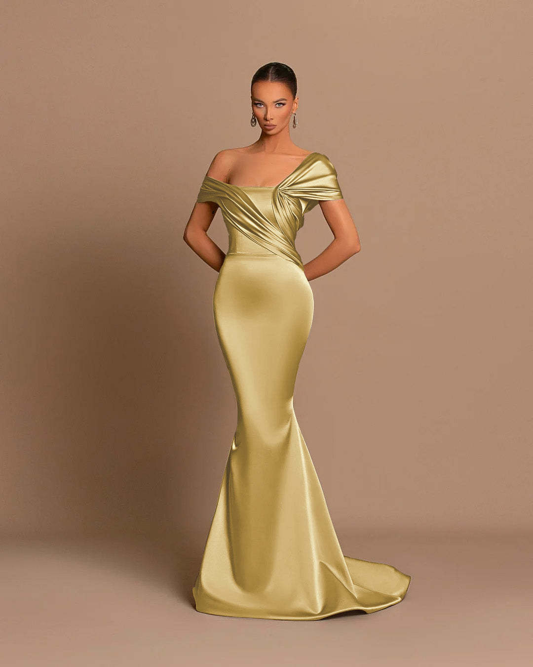 Grey Off-The-Shoulder Evening Dress Bateau Pleated Ball Gown