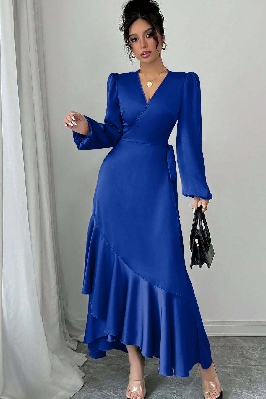 Shinning Long Sleeves V Neck Long Prom Dress With Ruffles Pleated