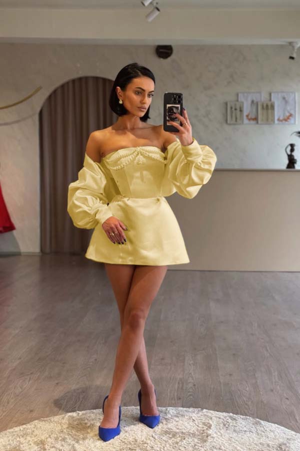 Spaghetti Strap Long Sleeves A Line Prom Dress With Beading