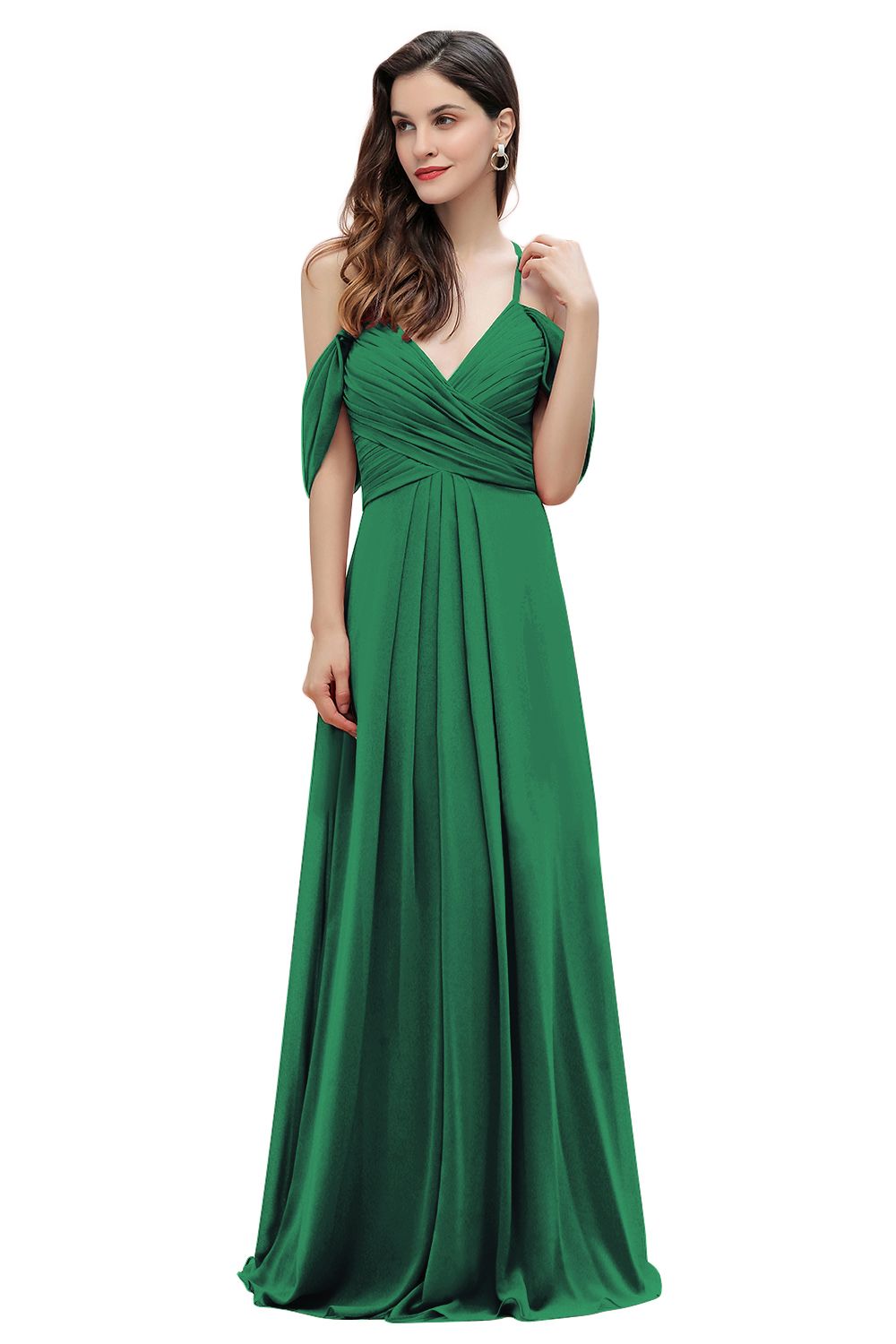 Elegant A-line Off-the-Shoulder V-neck Ruched Long Bridesmaid Dress-27prom
