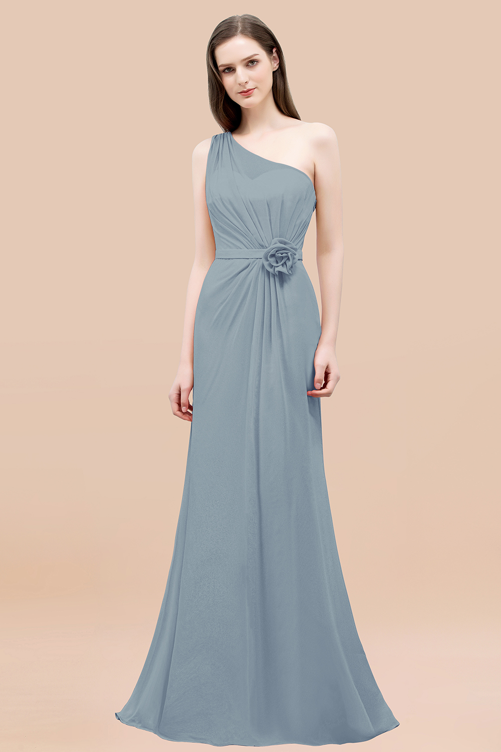 27prom Affordable Mermaid One shoulder Pink Bridesmaid Dresses with Flowers-27prom