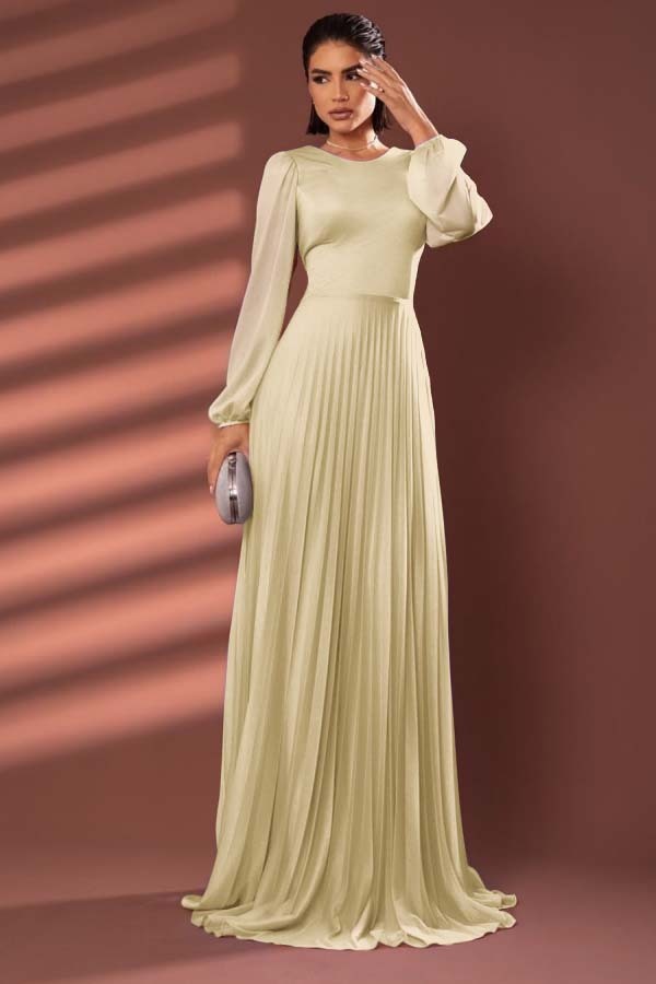 Chiffon Jewel Neck Long Sleeves Long Prom Dress With Pleated