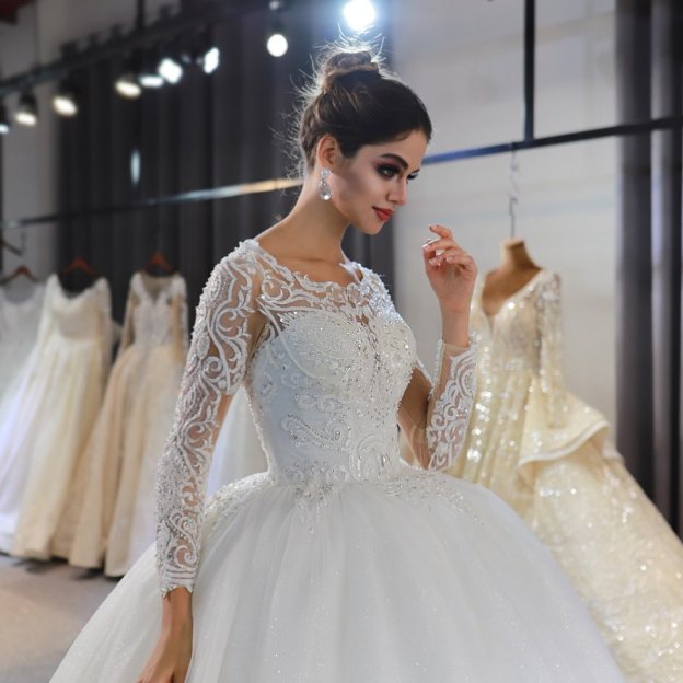 Gorgeous A-Line Bateau Long Sleeve Floor-Length Wedding Dress with Lace and Sequin Appliques