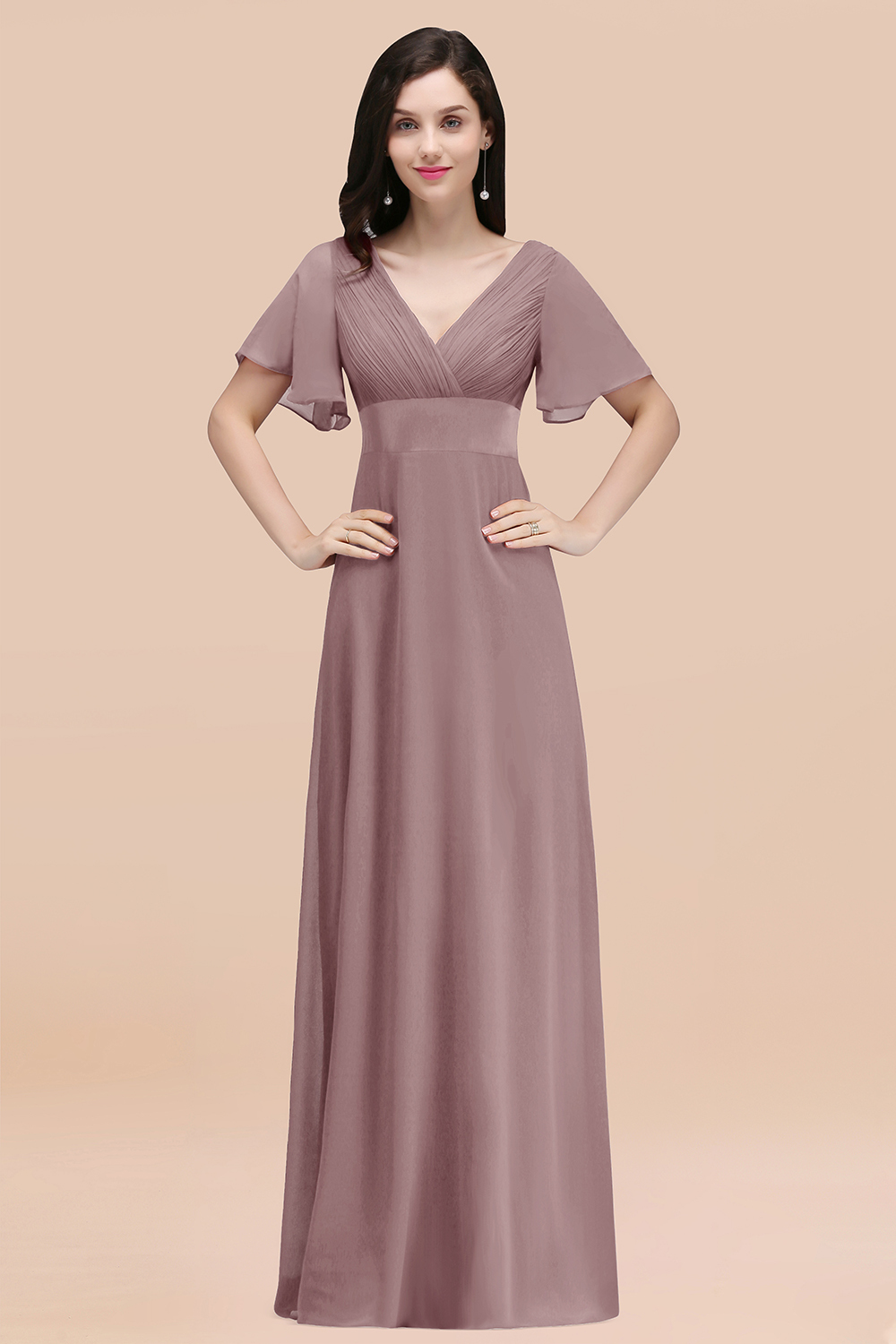 27prom Affordable V-Neck Ruffle Long Burgundy Bridesmaid Dress With Short-Sleeves-27prom