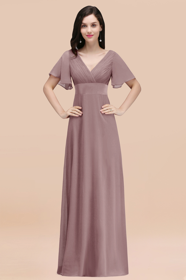 27prom Affordable V-Neck Ruffle Long Burgundy Bridesmaid Dress With Short-Sleeves-27prom