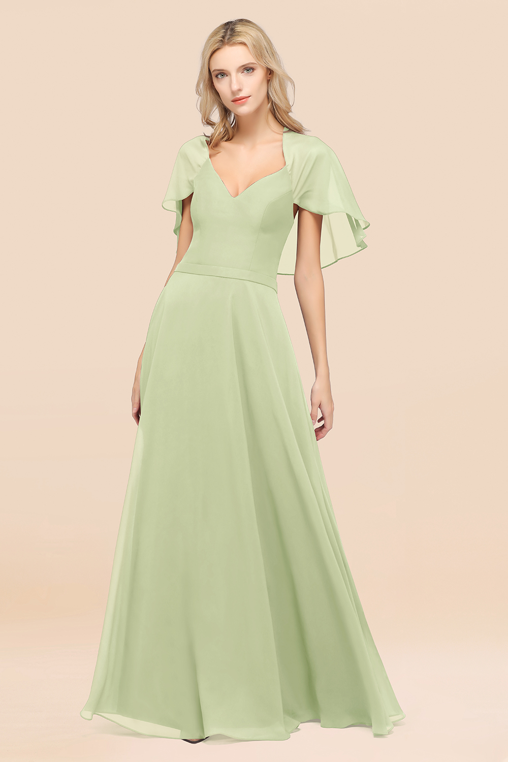 27prom Chic Satin V-Neck Long Burgundy Chiffon Bridesmaid Dress with Flutter Sleeve-27prom
