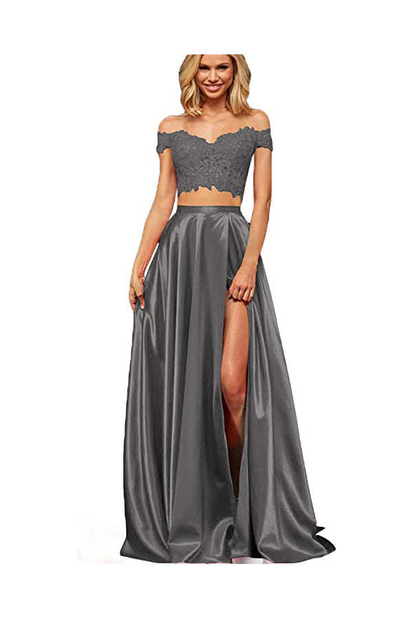 Off-the-Shoulder Two Pieces Prom Dress with Appliques and Slit