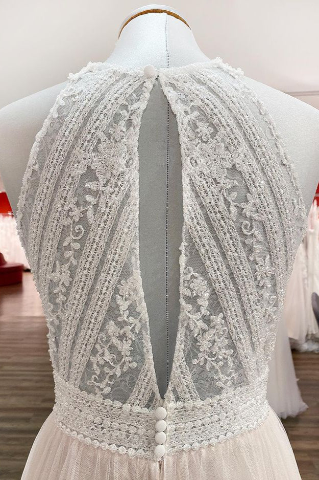 Long A-Line Halter Backless Wedding Dress with Tulle Lace