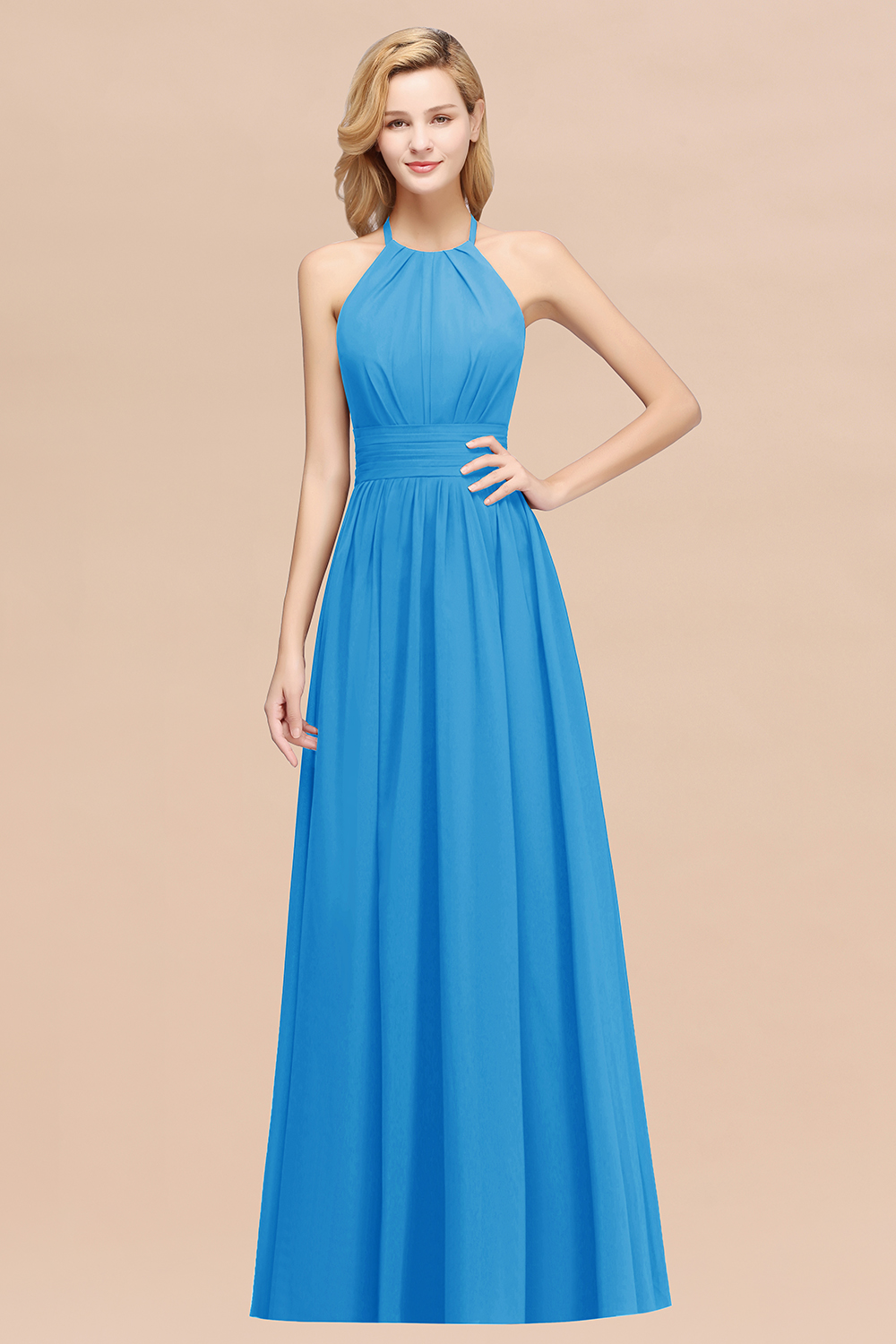 27prom Elegant High-Neck Halter Long Affordable Bridesmaid Dresses with Ruffles-27prom