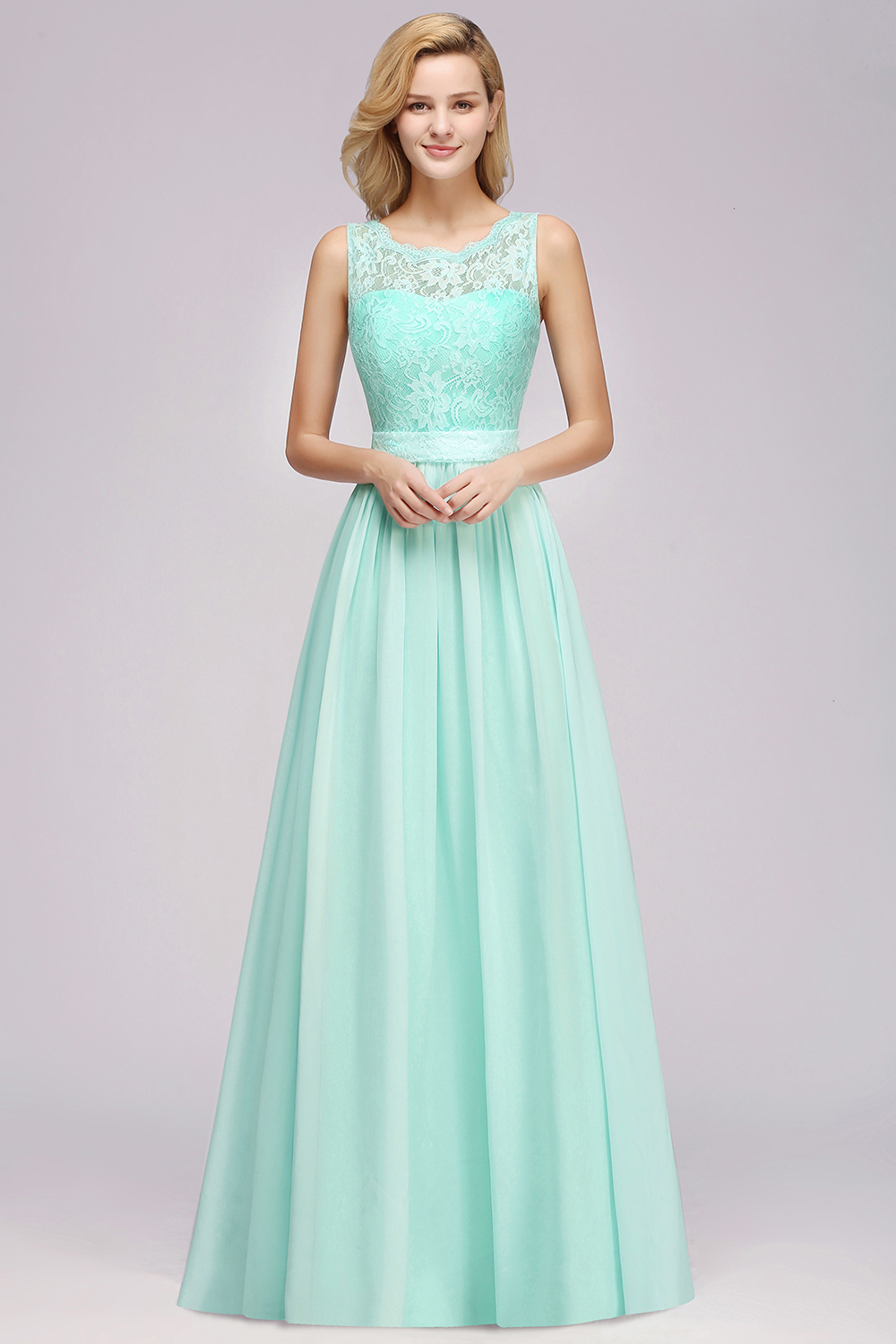27prom Elegant Chiffon Lace Scalloped Sleeveless Ruffle Bridesmaid Dresses-27prom