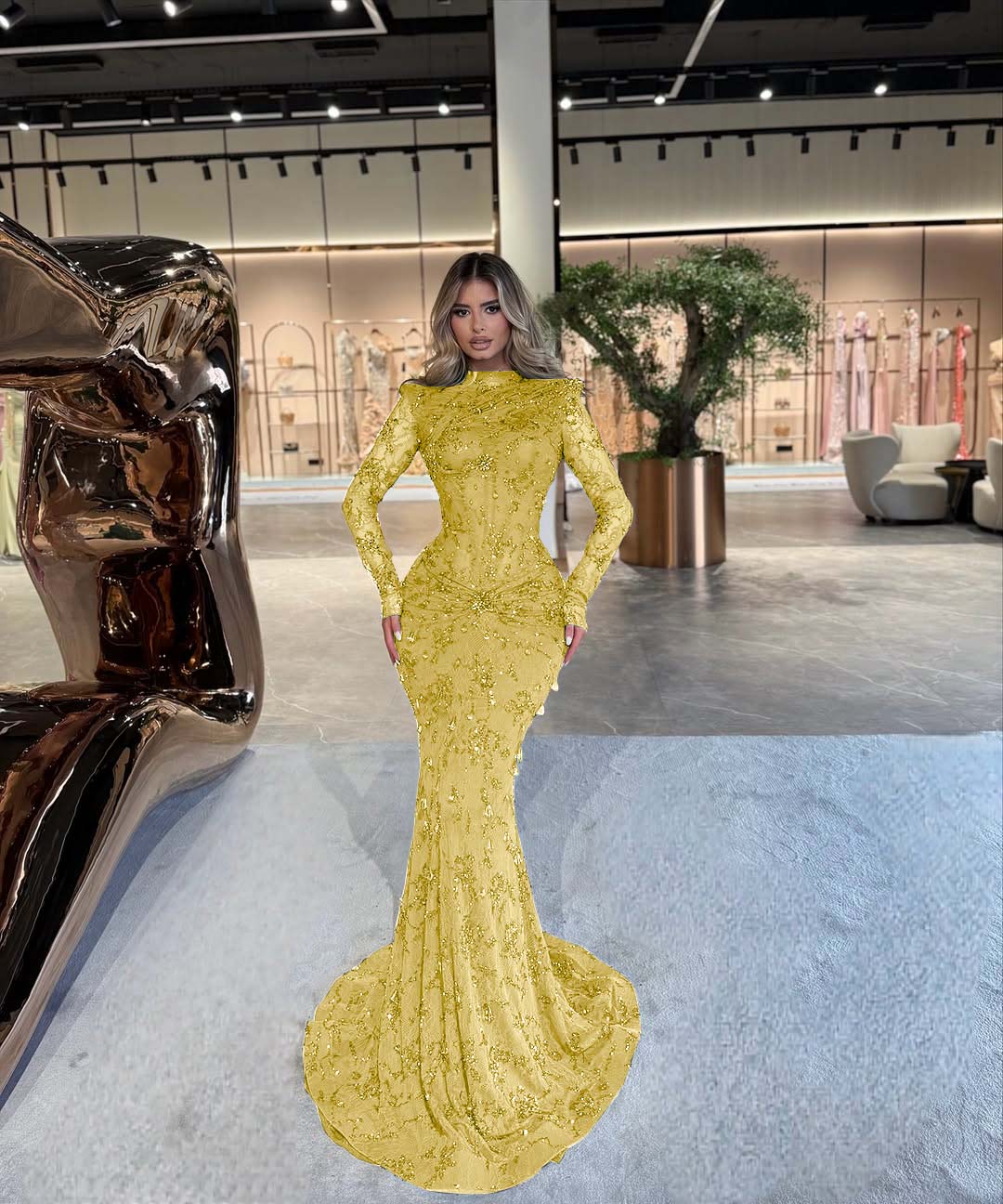 High Neck Long Sleeves Long Mermaid Prom Dress With Beading Pleated