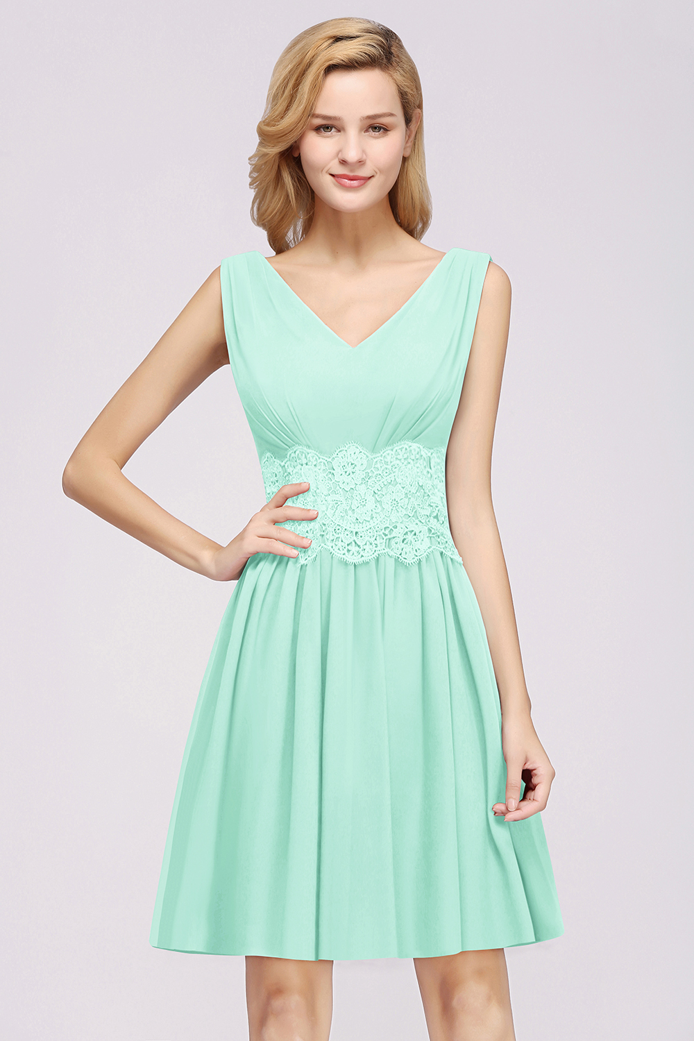 27prom Pretty V-Neck Short Sleeveless Lace Bridesmaid Dresses Online-27prom