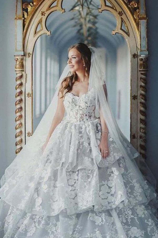 Modest Long Ball Gown Sweetheart Wedding Dress with Tulle Lace