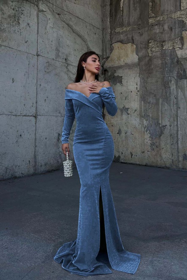 Off the Shoulder Long Sleeves Split Long Prom Dress With Pleated