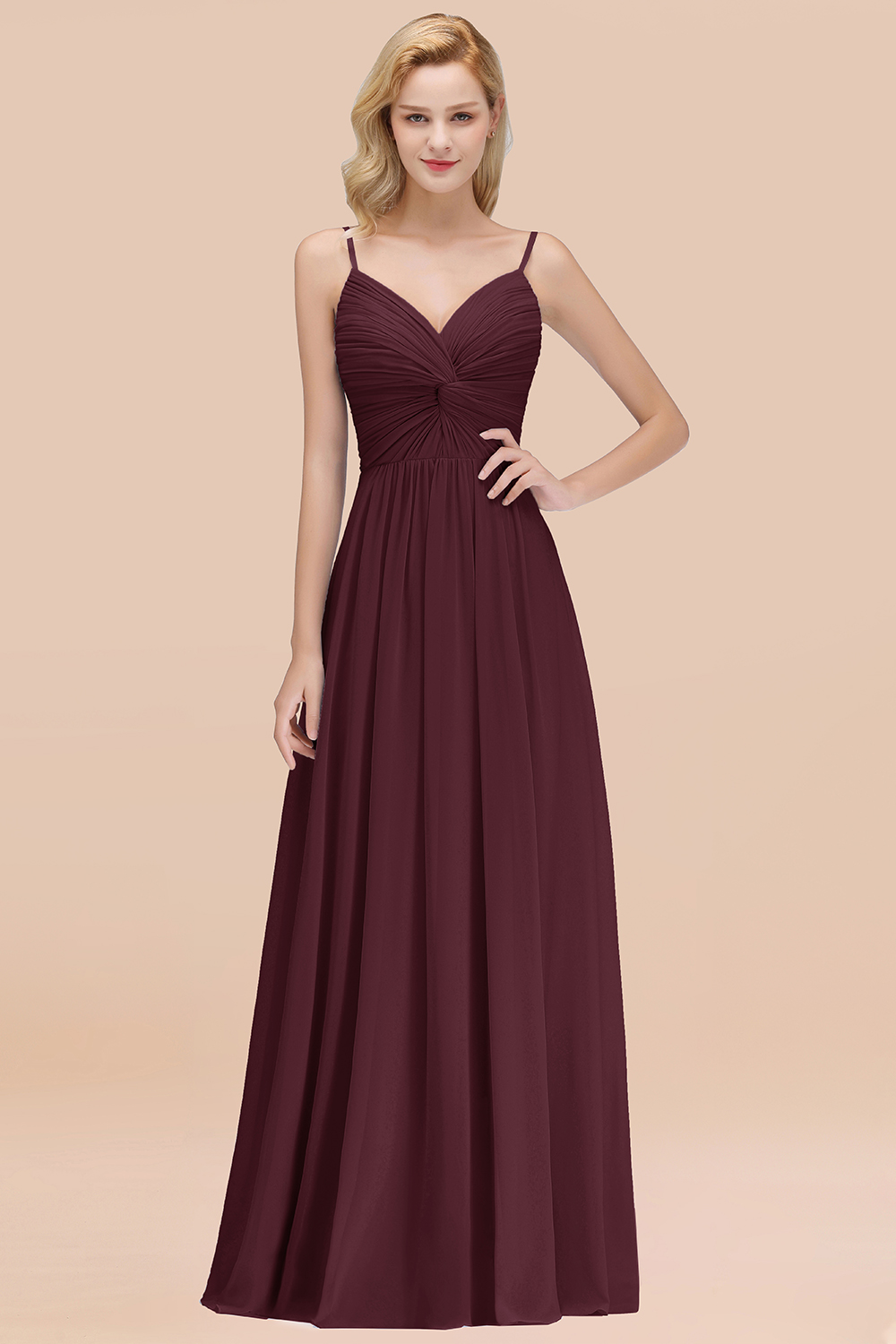 27prom Chic V-Neck Pleated Backless Bridesmaid Dresses with Spaghetti Straps-27prom