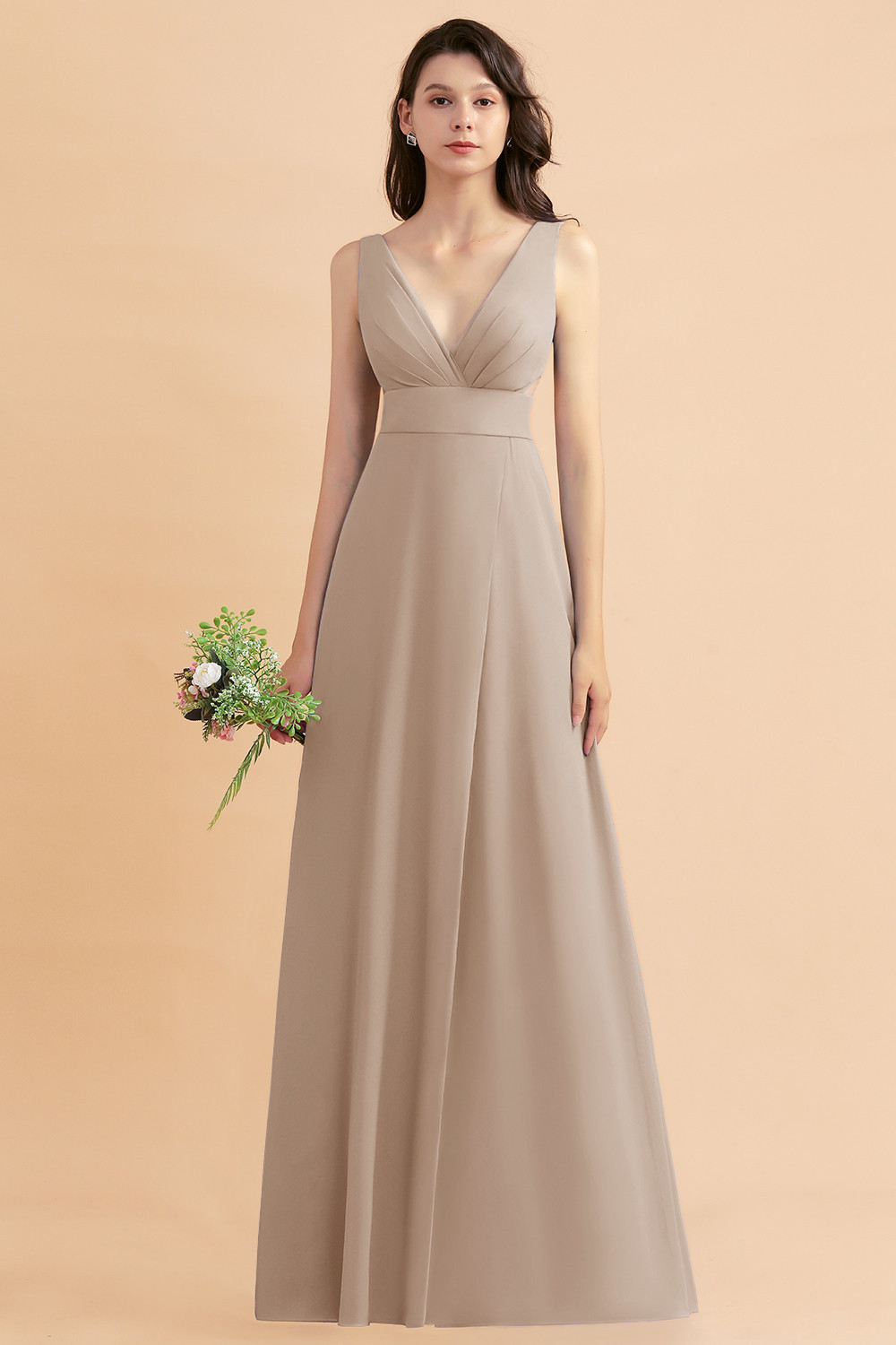 27prom A-Line Dusty Blue Chiffon Ruffles Bridesmaid Dress with Slit-27prom