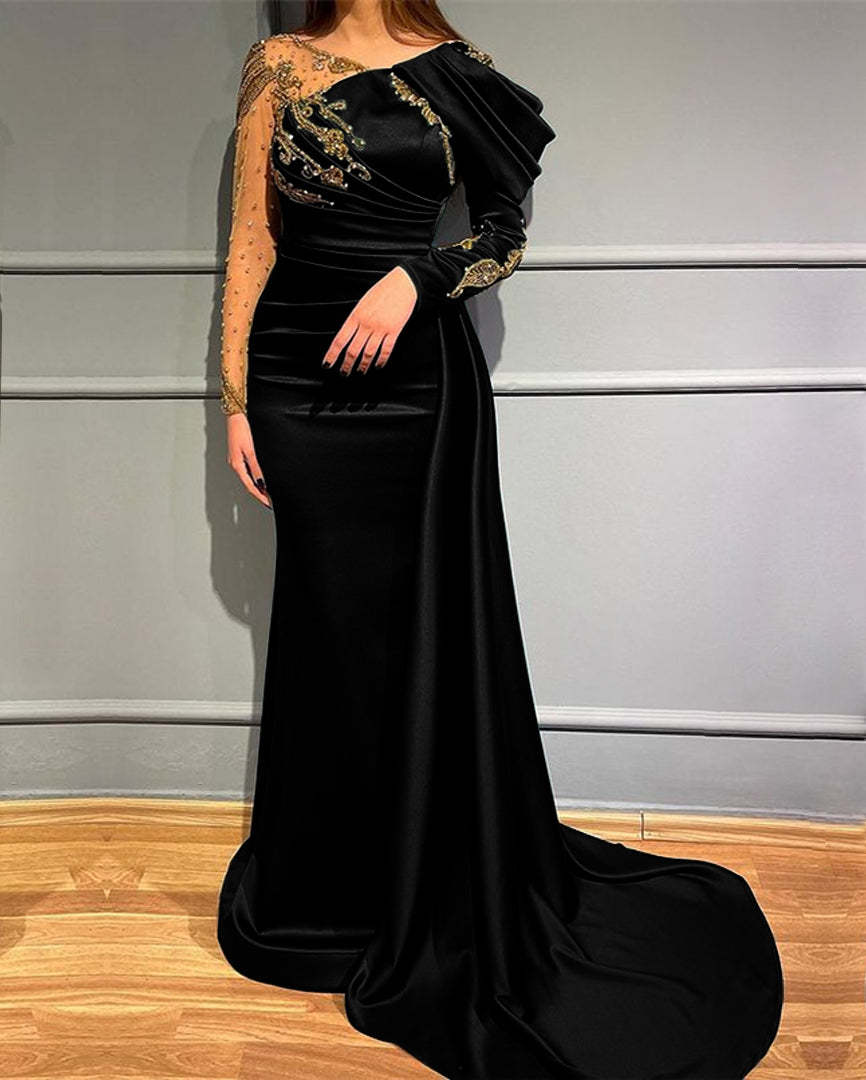 Dark Green Long Sleeves Mermaid Evening Dress with Beads Appliques