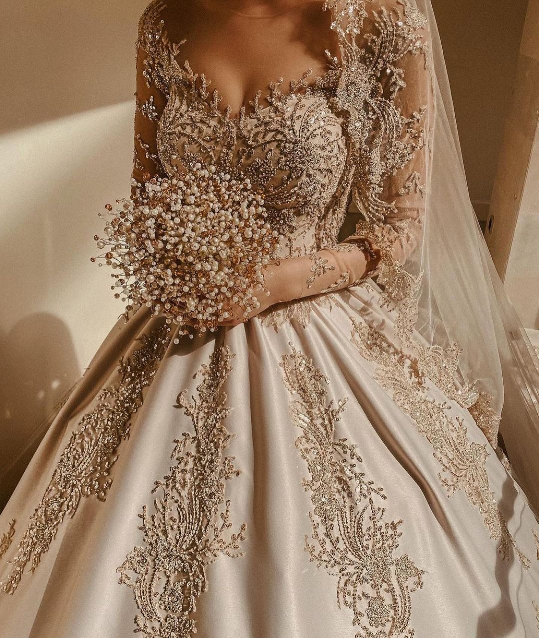 Gorgeous Sweetheart Long Sleeve Satin Wedding Dress with Beadings and Pearls