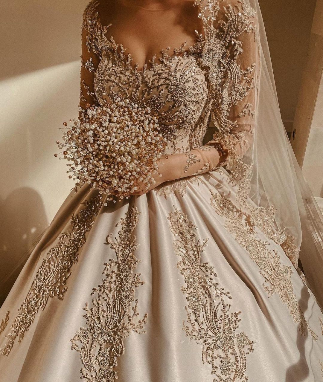 Gorgeous Sweetheart Long Sleeve Satin Wedding Dress with Beadings and Pearls