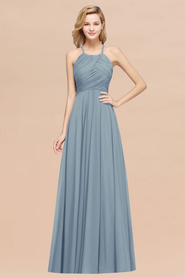 27prom Halter Crisscross Pleated Bridesmaid Dress Blue Chiffon Sleeveless Maid of Honor Dress-27prom