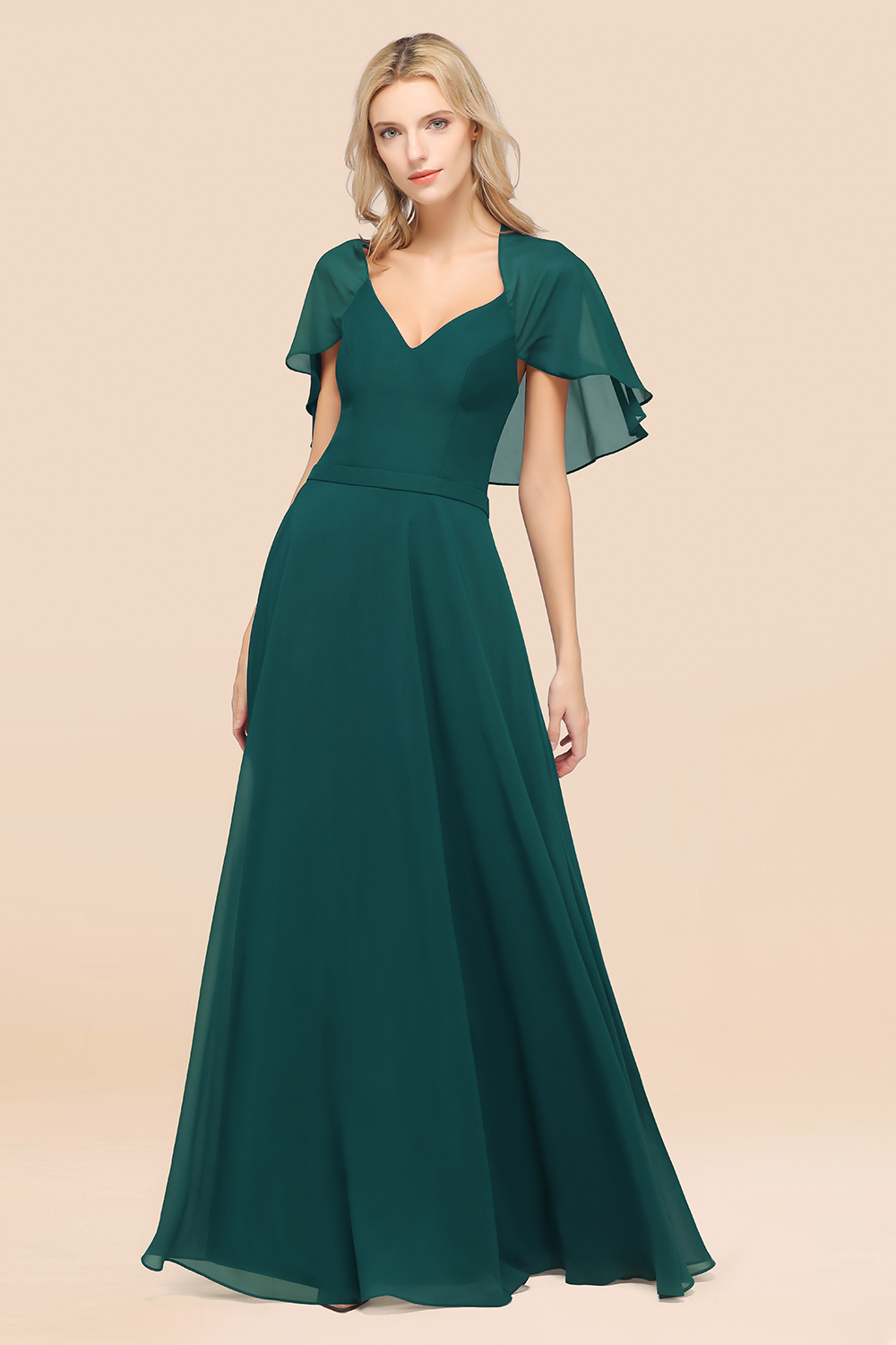 27prom Chic Satin V-Neck Long Burgundy Chiffon Bridesmaid Dress with Flutter Sleeve-27prom