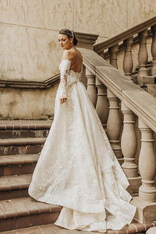 Off-the-Shoulder Long Sleeve A-Line Wedding Dress with Bow and Lace