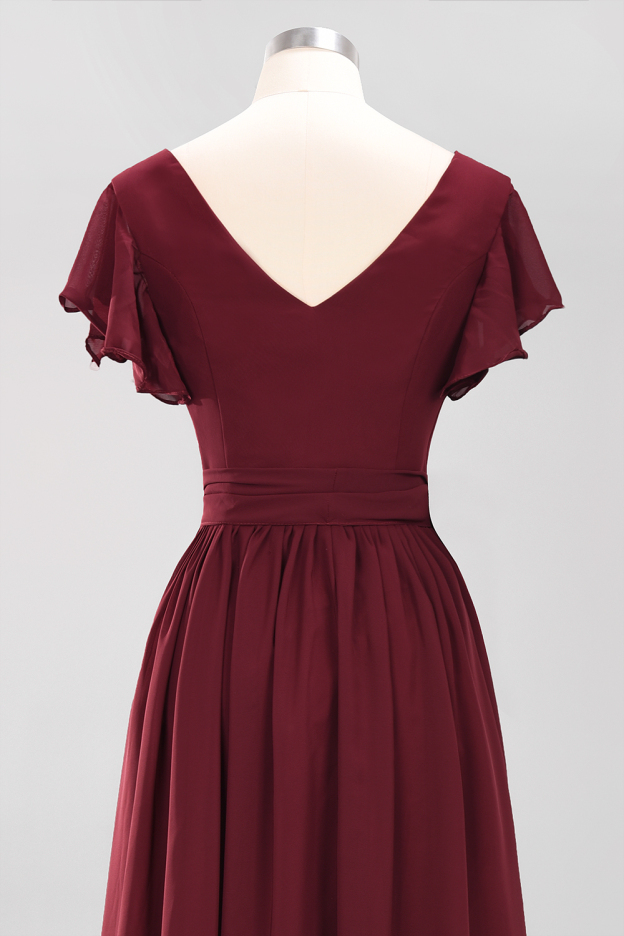 27prom Burgundy V-Neck Long Bridesmaid Dress With Short-Sleeves-27prom