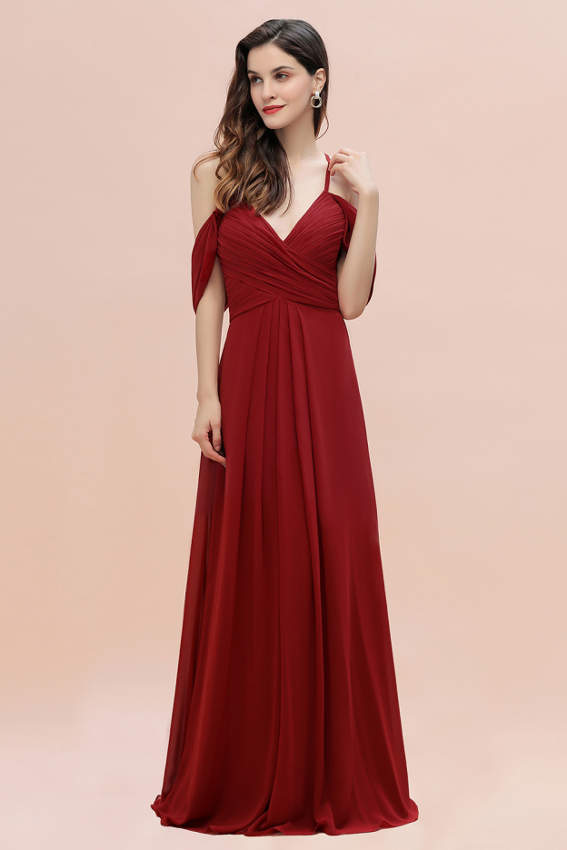 Elegant A-line Off-the-Shoulder V-neck Ruched Long Bridesmaid Dress-27prom