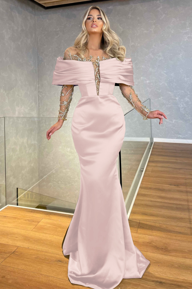 Green Prom Dress Off the Shoulder Long Sleeves Beading Embellished