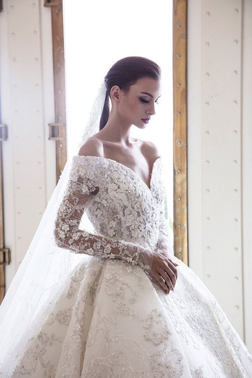 Off-the-Shoulder Sweetheart Long Sleeve A-Line Backless Wedding Dress with Lace, Appliques, and Crystal