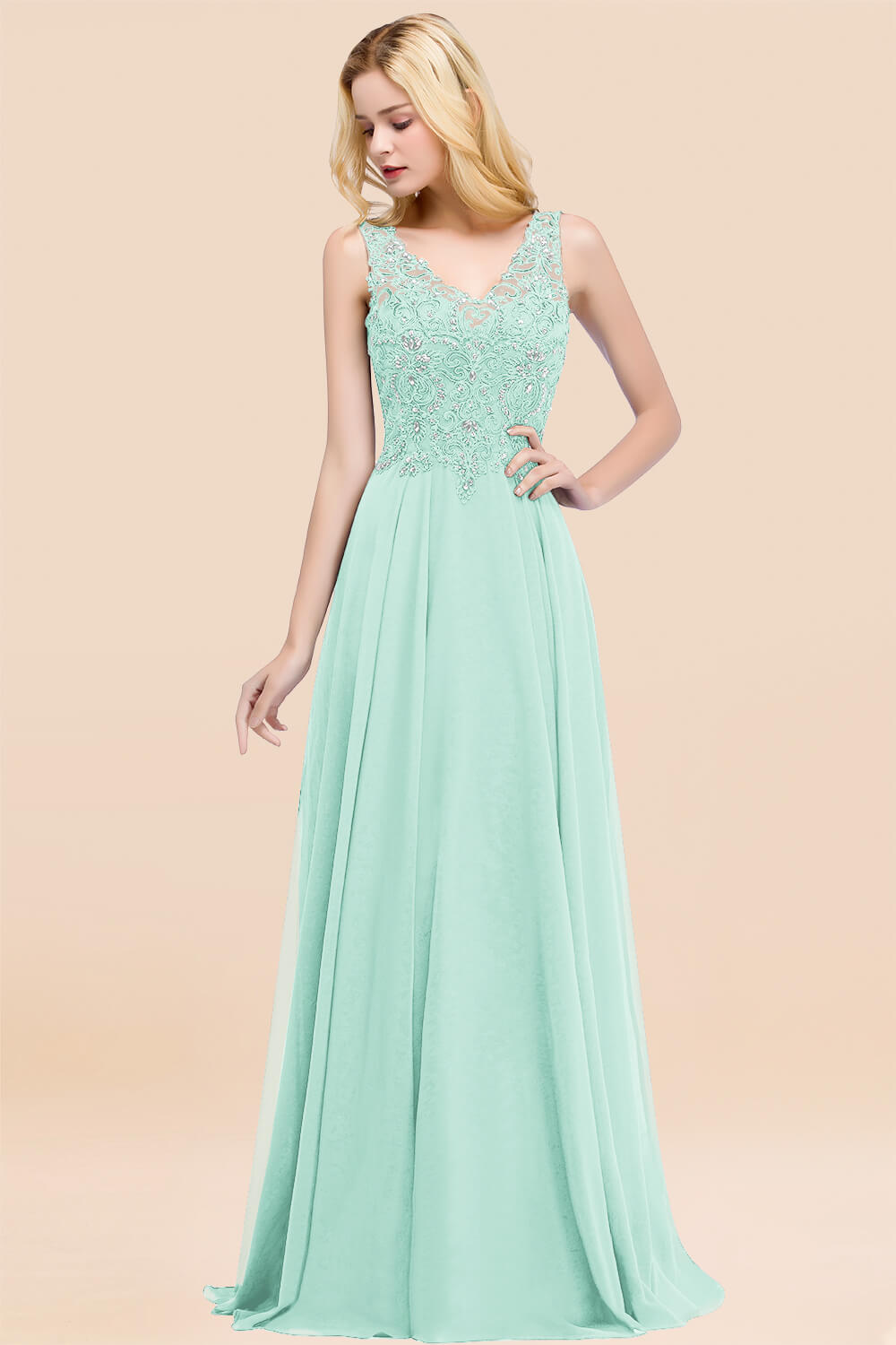 27prom Affordable Lace V-Neck Navy Bridesmaid Dresses With Appliques-27prom