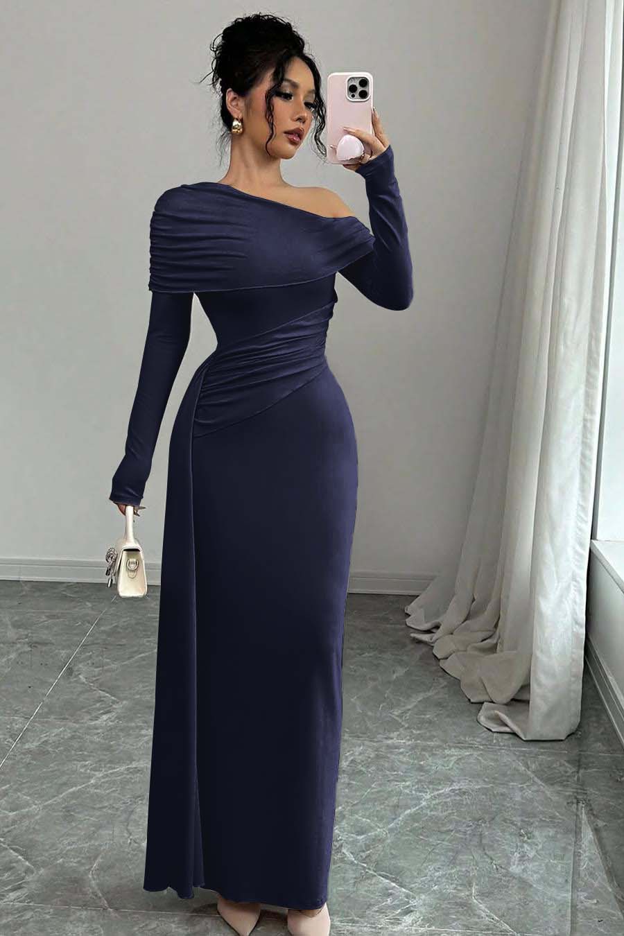 Off the Shoulder Long Sleeves Long Mermaid Prom Dress With Ruffles