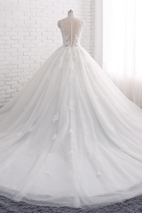 Sleeveless Tulle Train Long Wedding Dress With Appliques Lace