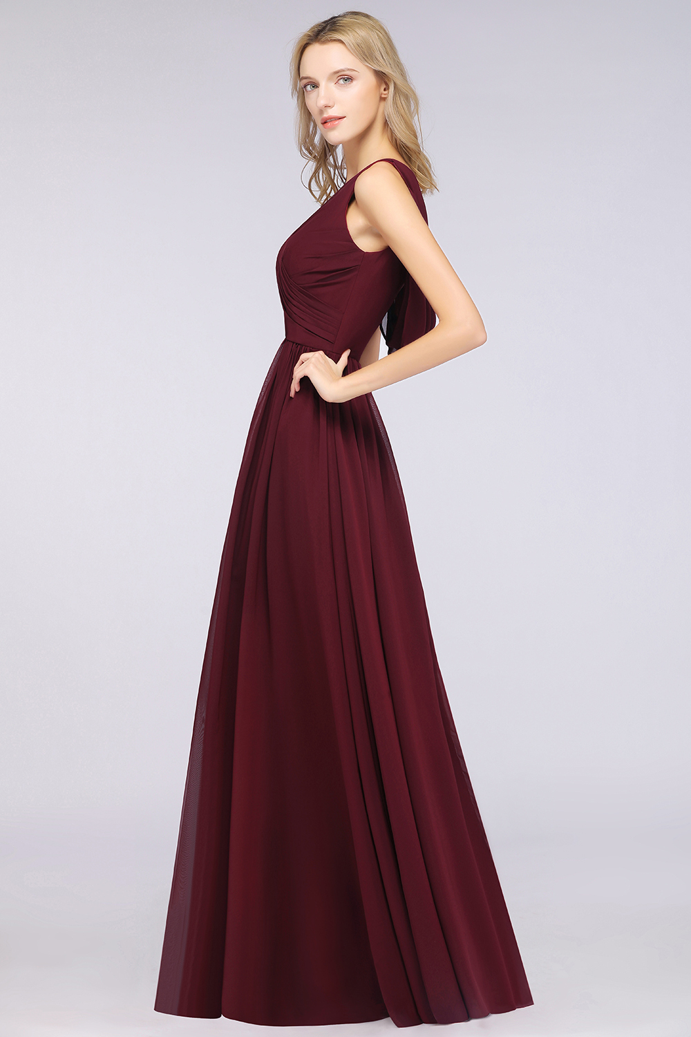 27prom Glamorous Chiffon V-Neck Sleeveless Burgundy Bridesmaid Dress with Draped Back-27prom