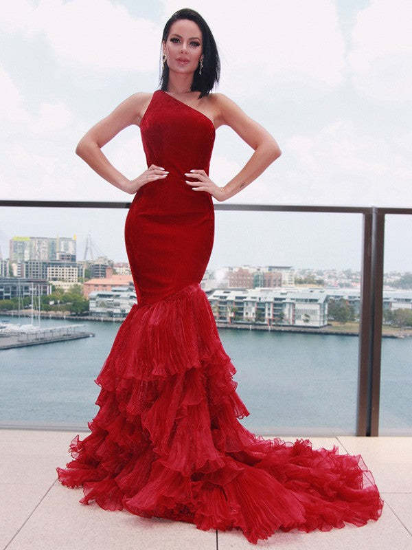 One Shoulder Burgundy Mermaid Prom Dress