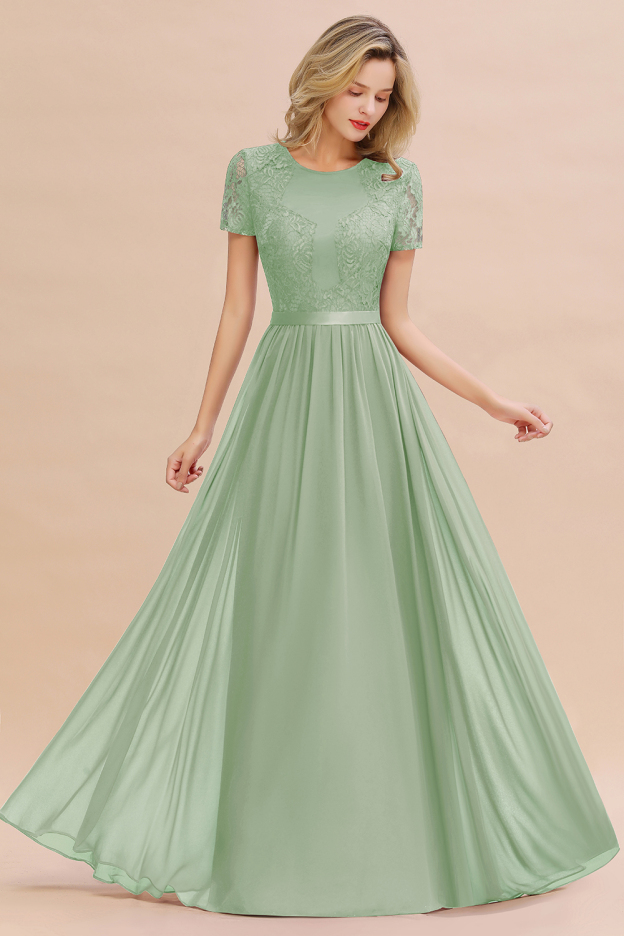 27prom Elegant Chiffon Lace Jewel Short-Sleeves Affordable Bridesmaid Dress-27prom