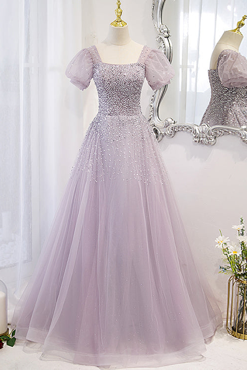 Chic Lace Up Prom Dress Beadings A Line Short Sleeves With Square Online