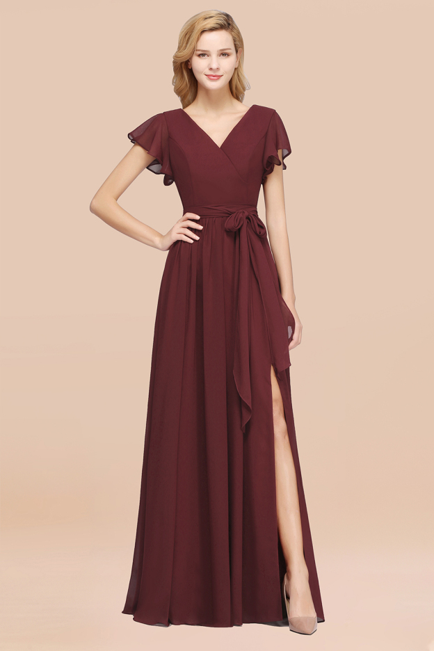 27prom Burgundy V-Neck Long Bridesmaid Dress With Short-Sleeves-27prom