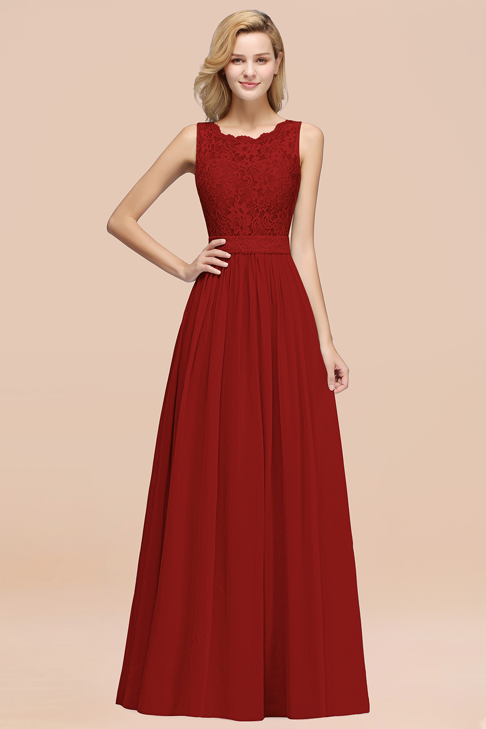 27prom Elegant Chiffon Lace Scalloped Sleeveless Ruffle Bridesmaid Dresses-27prom