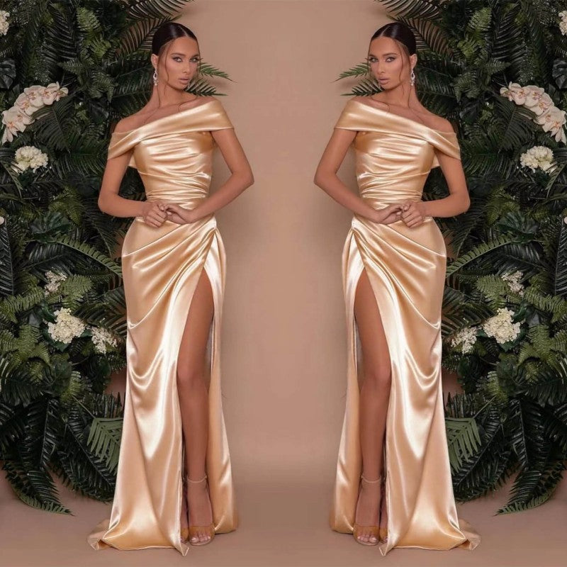 622. Champagne Off-The-Shoulder Charmeuse Prom Dress with Split Mermaid