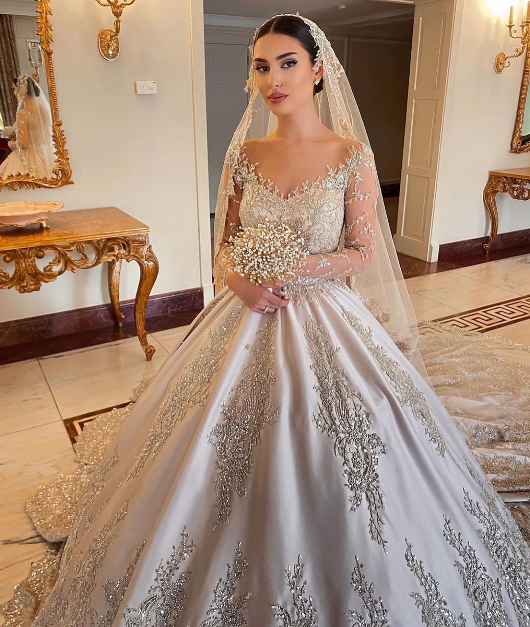 Gorgeous Sweetheart Long Sleeve Satin Wedding Dress with Beadings and Pearls