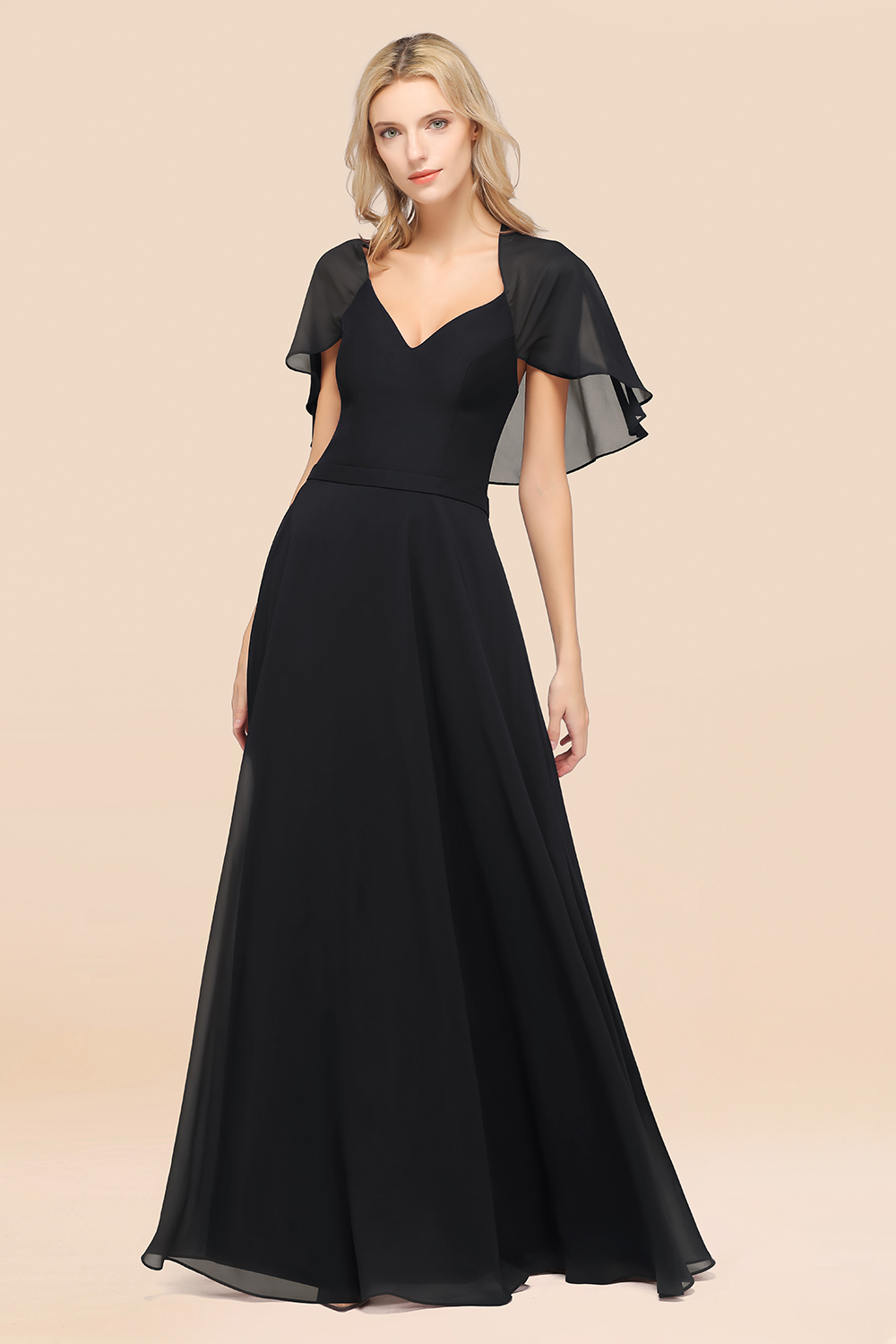 27prom Chic Satin V-Neck Long Burgundy Chiffon Bridesmaid Dress with Flutter Sleeve-27prom