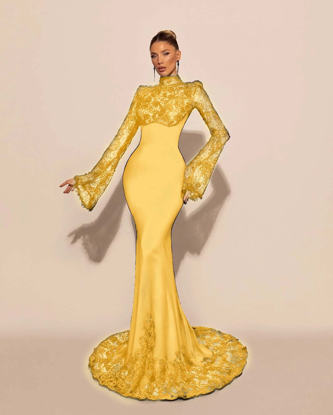 High Neck Lace Long Sleeves Long Mermaid Prom Dress With Pleated